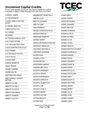 Unclaimed Capital Credits If Your Name Appears on This List, You May Be Eligible for a Refund