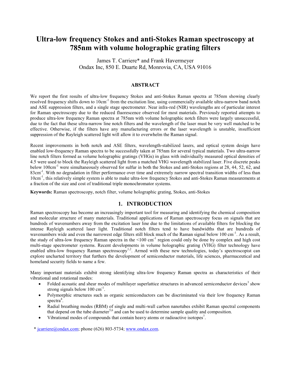 Ultra-Low Frequency Stokes and Anti-Stokes Raman Spectroscopy at 785Nm with Volume Holographic Grating Filters