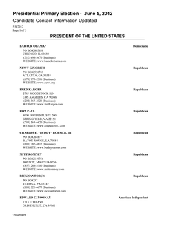 Candidate Contact Information Updated 5/8/2012 Page 1 of 3 PRESIDENT of the UNITED STATES