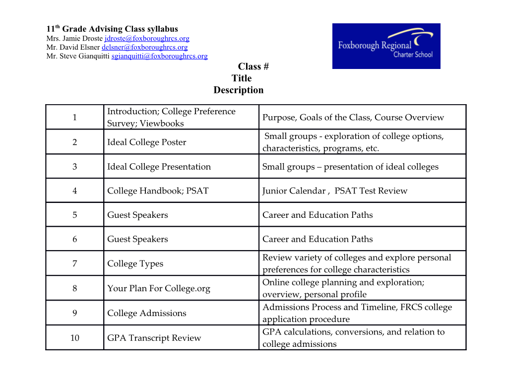 11Th Grade Advising Class Syllabus