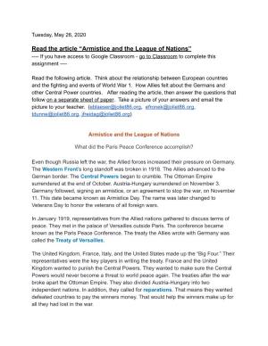 Read the Article “Armistice and the League of Nations” ---- If You Have Access to Google Classroom - Go to Classroom to Complete This Assignment