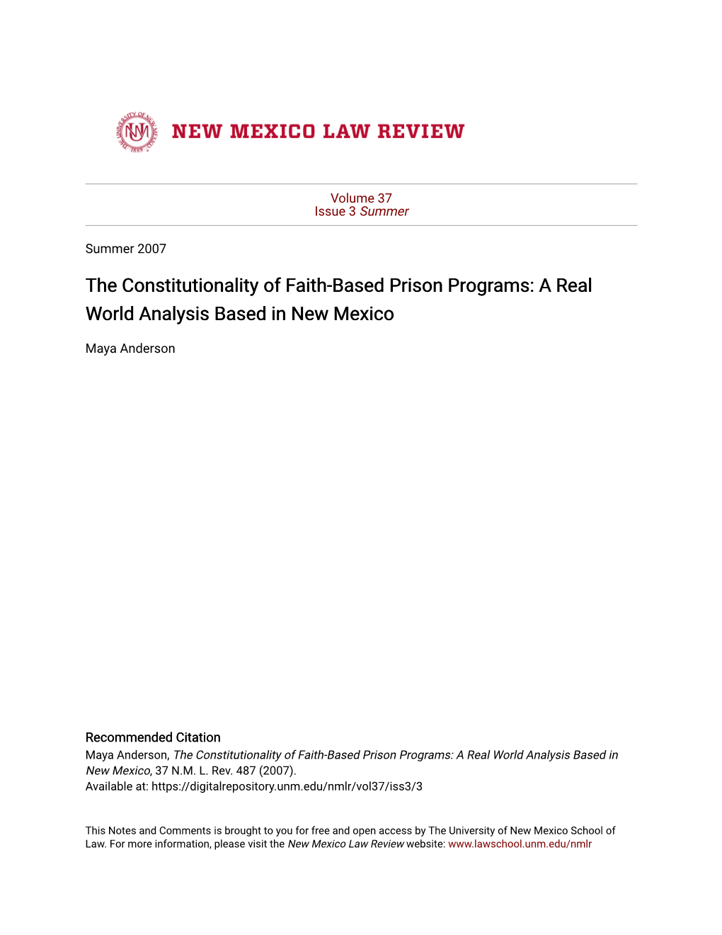 The Constitutionality of Faith-Based Prison Programs: a Real World Analysis Based in New Mexico