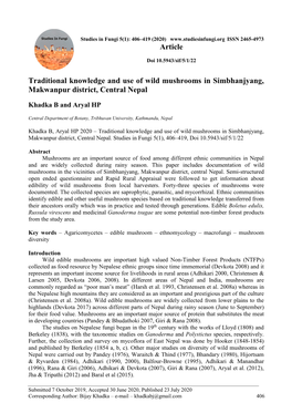 Traditional Knowledge and Use of Wild Mushrooms in Simbhanjyang, Makwanpur District, Central Nepal