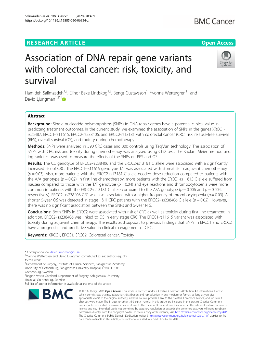 Association of DNA Repair Gene Variants with Colorectal Cancer