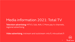 Media Information 2021: Total TV Television Advertising: MTV3, Sub, AVA, C More Pay Tv Channels, Regional Advertising