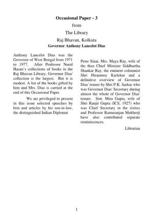 Occasional Paper - 3 from the Library Raj Bhavan, Kolkata Governor Anthony Lancelot Dias