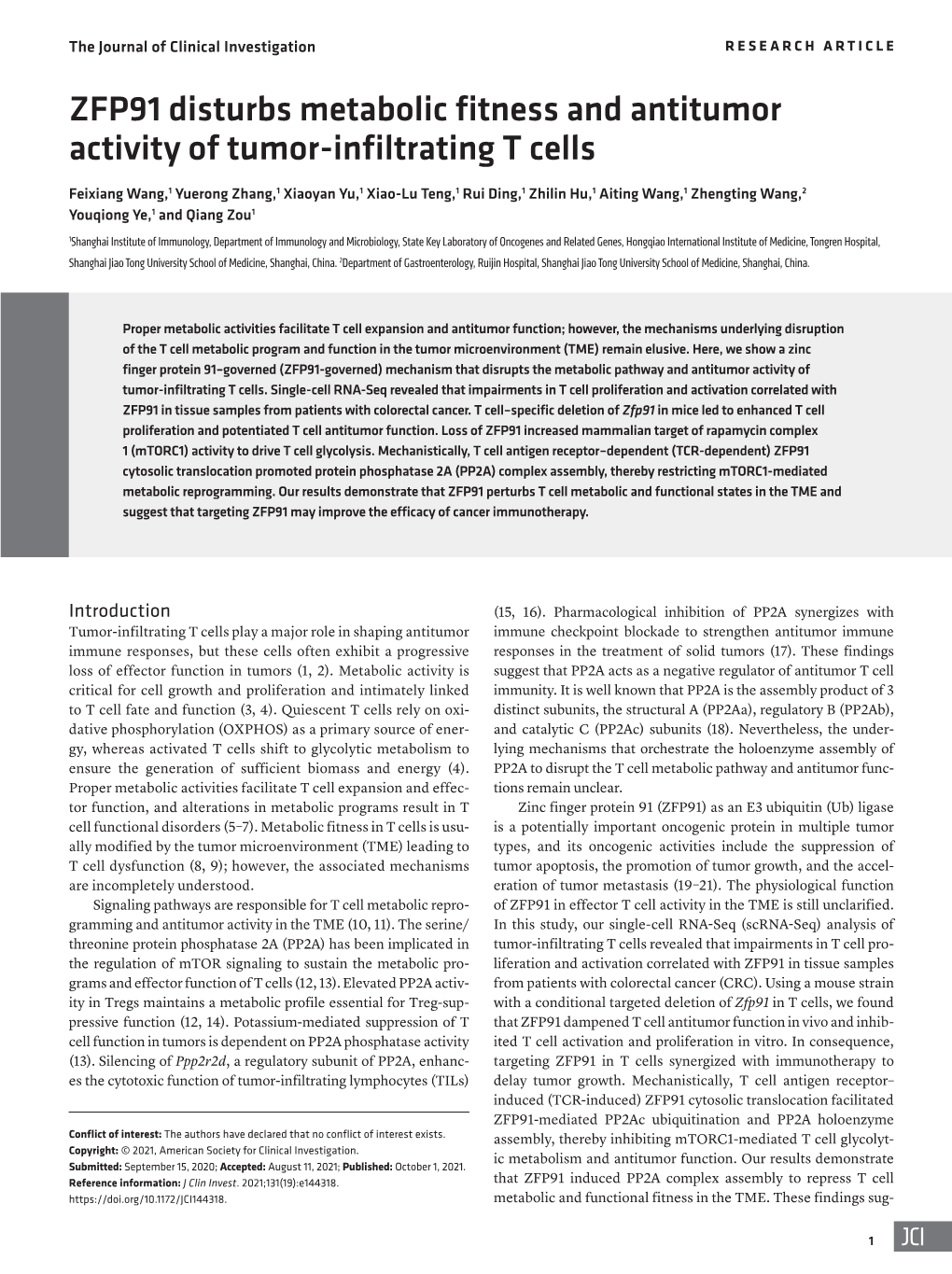 ZFP91 Disturbs Metabolic Fitness and Antitumor Activity of Tumor-Infiltrating T Cells