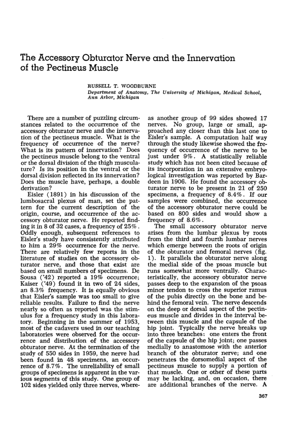 The Accessory Obturator Nerve and the Innervation of the Pectineus Muscle