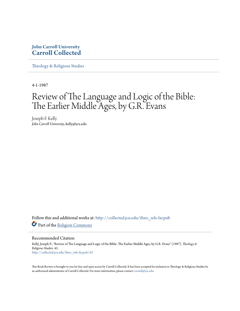 Review of the Language and Logic of the Bible: the Earlier Middle Ages, by G.R. Evans