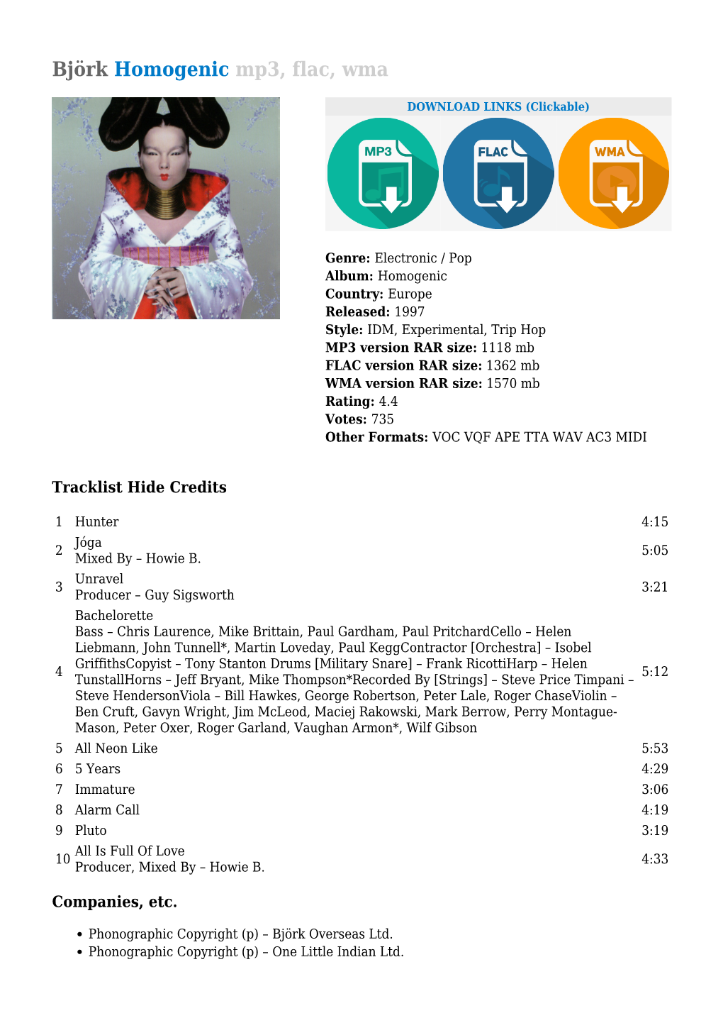 Björk Homogenic Mp3, Flac, Wma