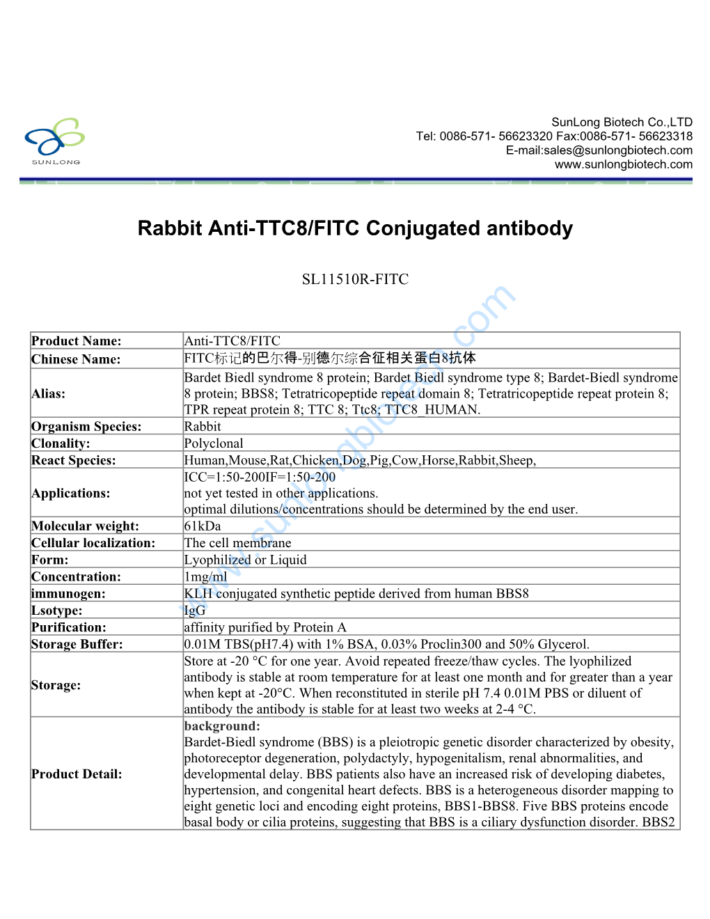 Rabbit Anti-TTC8/FITC Conjugated Antibody-SL11510R-FITC