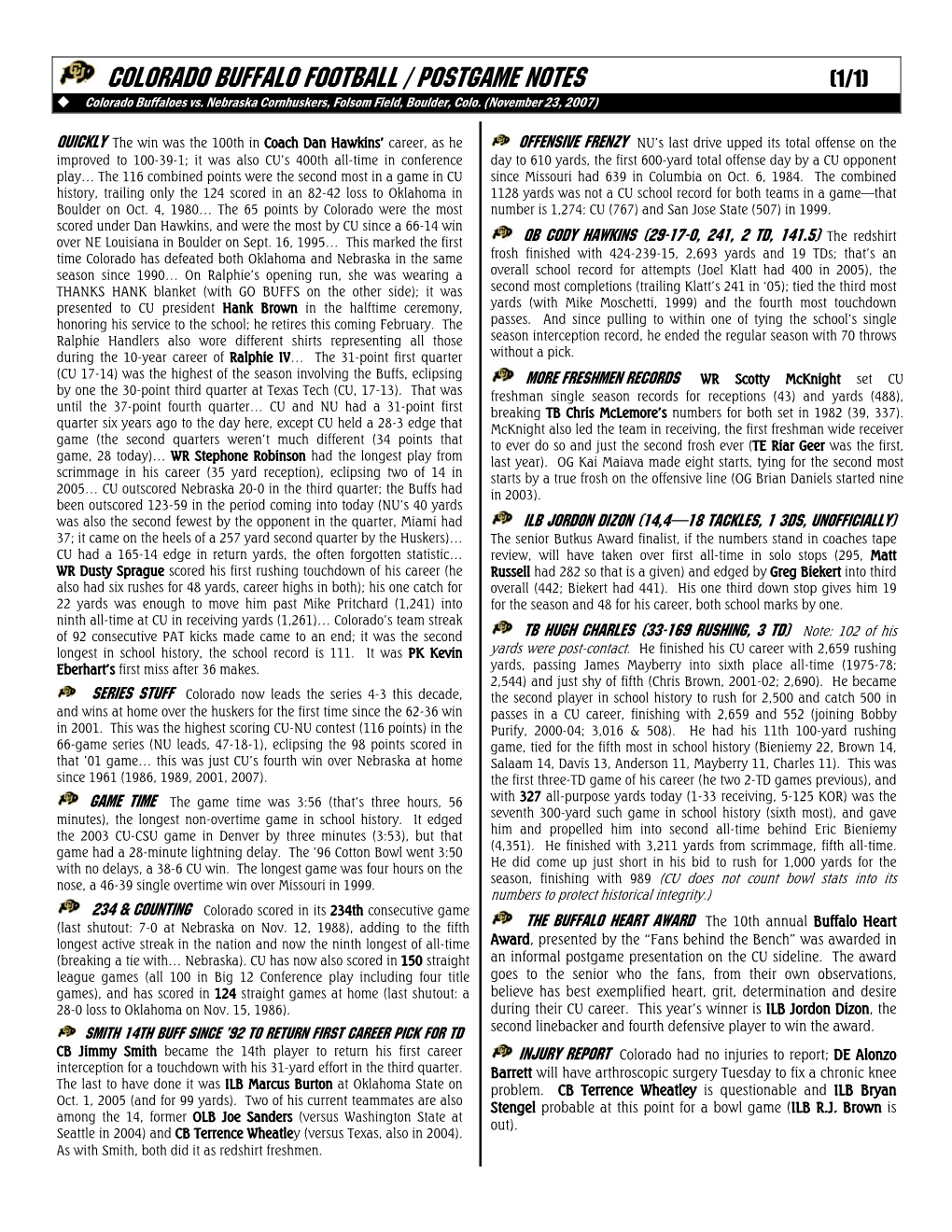 Colorado Buffalo Football / Postgame Notes (1/1) ‹ Colorado Buffaloes Vs