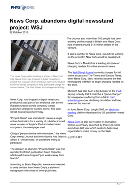 News Corp. Abandons Digital Newsstand Project: WSJ 22 October 2010
