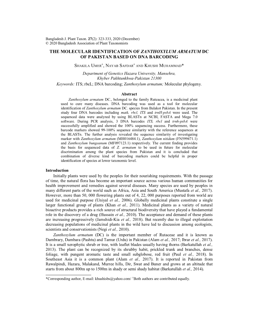 The Molecular Identification of Zanthoxylum Armatum Dc of Pakistan Based on Dna Barcoding