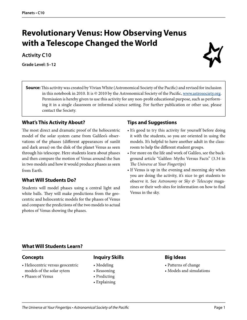 How Observing Venus with a Telescope Changed the World Activity C10 Grade Level: 5–12