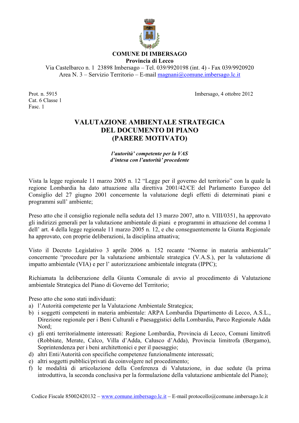 COMUNE DI IMBERSAGO Provincia Di Lecco Via Castelbarco N