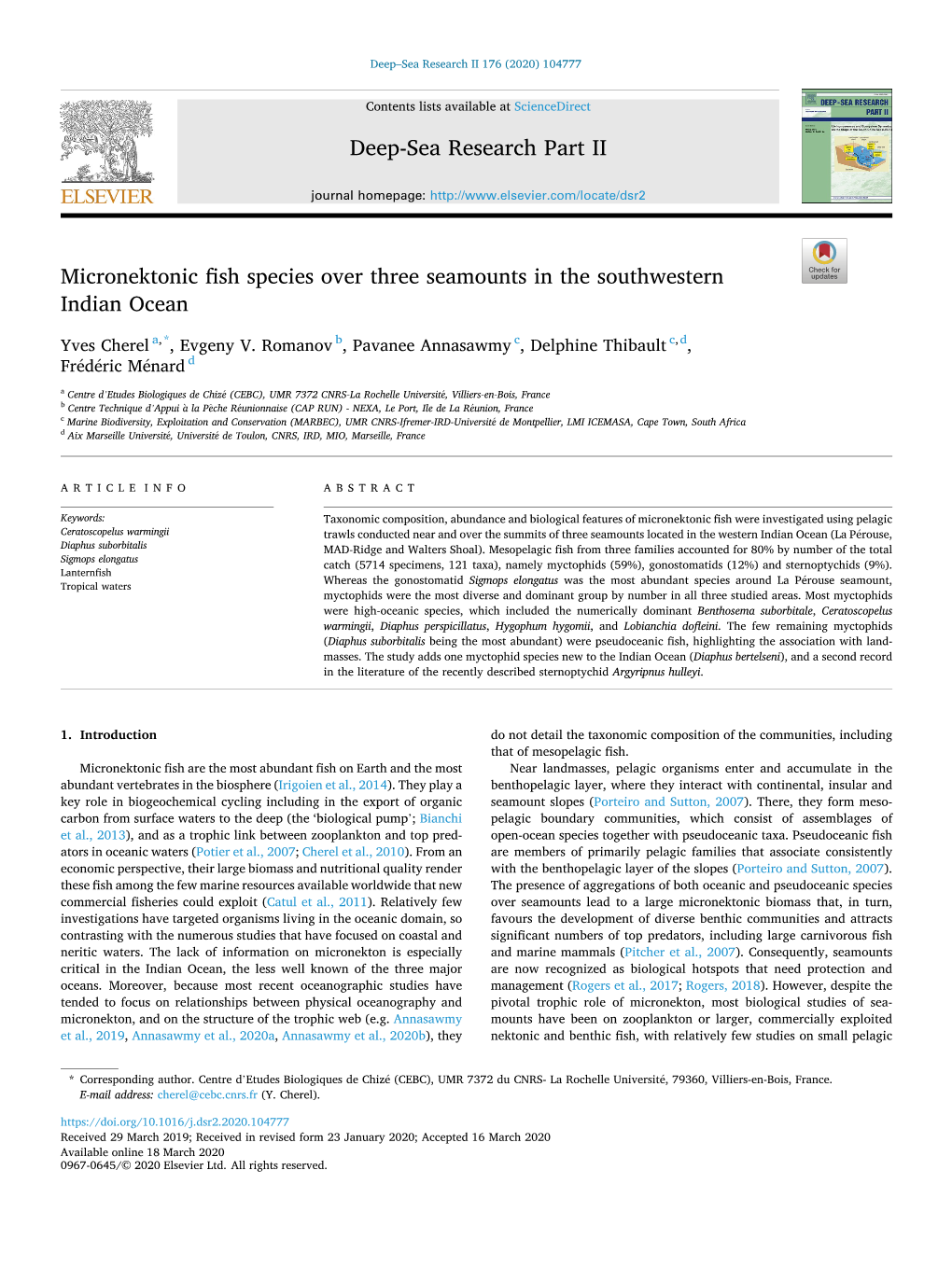 Micronektonic Fish Species Over Three Seamounts in the Southwestern Indian Ocean