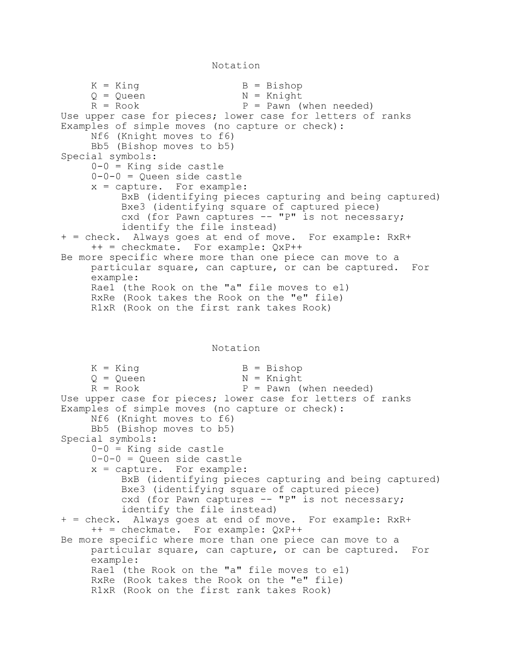 Notation K = King B = Bishop Q = Queen N = Knight R = Rook P = Pawn