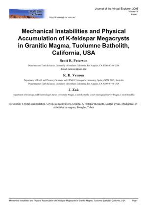 Mechanical Instabilities and Physical Accumulation of K-Feldspar Megacrysts in Granitic Magma, Tuolumne Batholith, California, USA Scott R