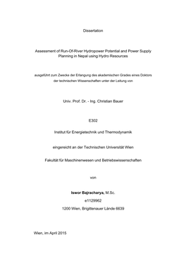 Dissertation Assessment of Run-Of-River Hydropower Potential