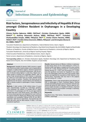 Risk Factors, Seroprevalence and Infectivity of Hepatitis B Virus