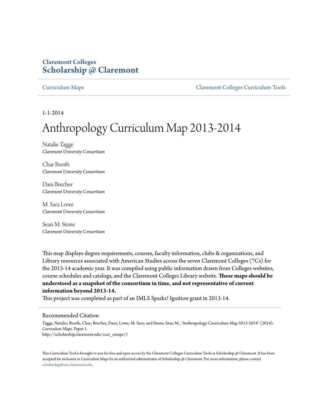 Anthropology Curriculum Map 2013-2014 Natalie Tagge Claremont University Consortium