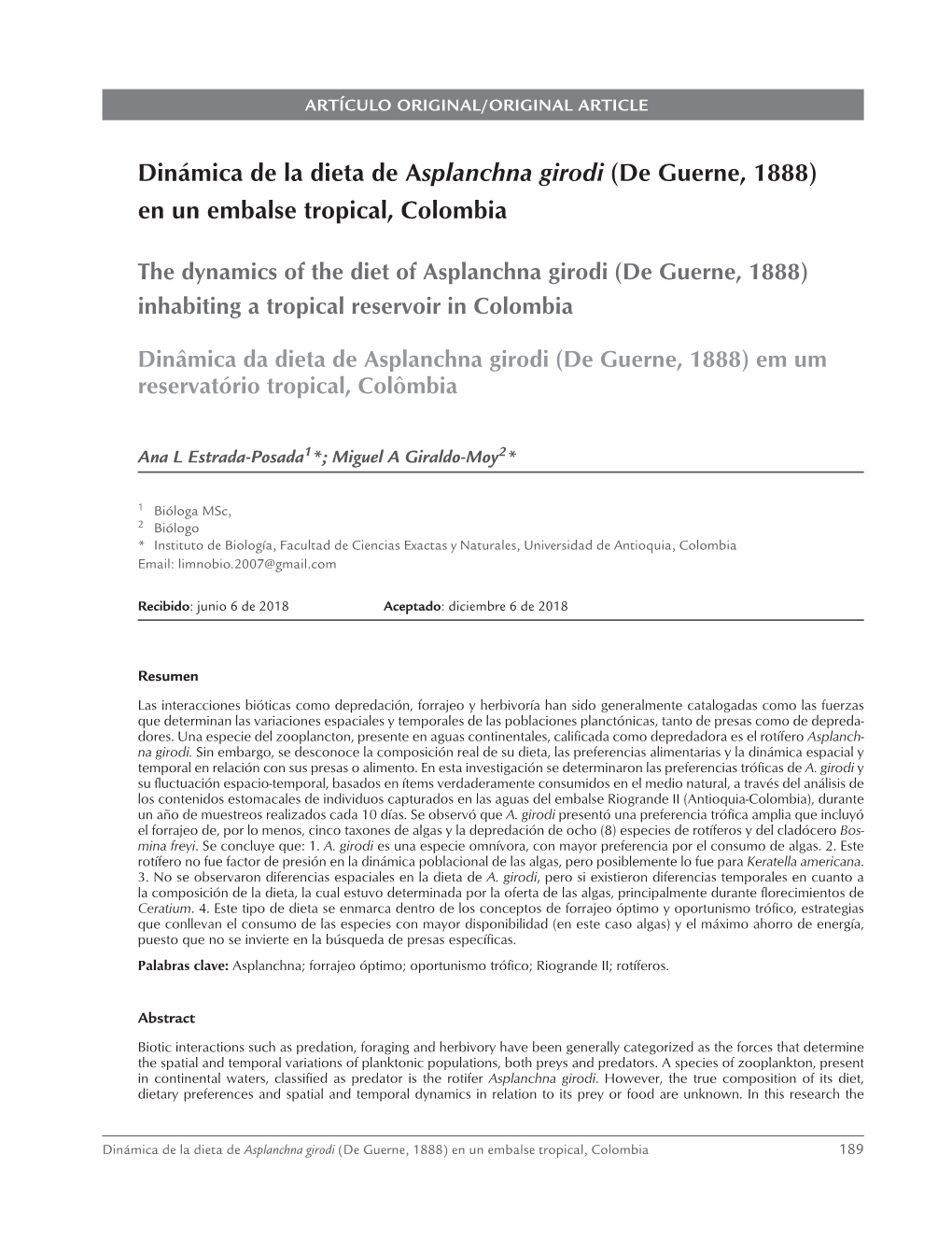 Dinámica De La Dieta De Asplanchna Girodi (De Guerne, 1888) En Un Embalse Tropical, Colombia