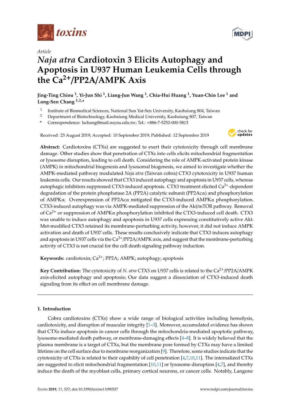 Naja Atra Cardiotoxin 3 Elicits Autophagy and Apoptosis in U937 Human Leukemia Cells Through the Ca2+/PP2A/AMPK Axis