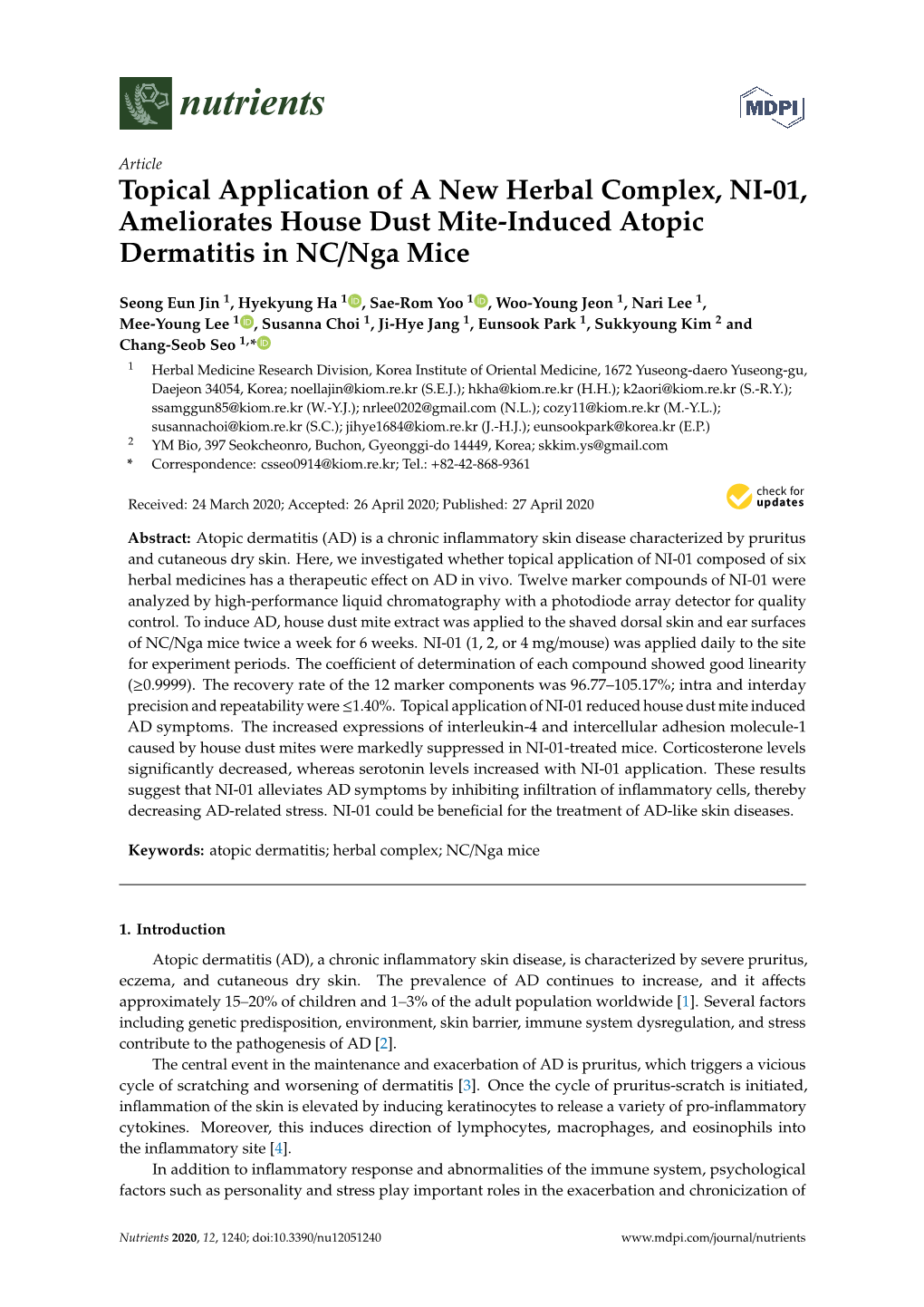 Topical Application of a New Herbal Complex, NI-01, Ameliorates House Dust Mite-Induced Atopic Dermatitis in NC/Nga Mice