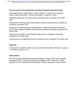 The Urea Cycle Is Transcriptionally Controlled by Hypoxia