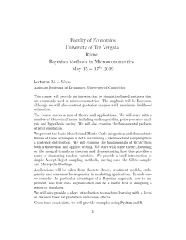 Faculty of Economics University of Tor Vergata Rome Bayesian Methods in Microeconometrics May 15 − 17Th 2019