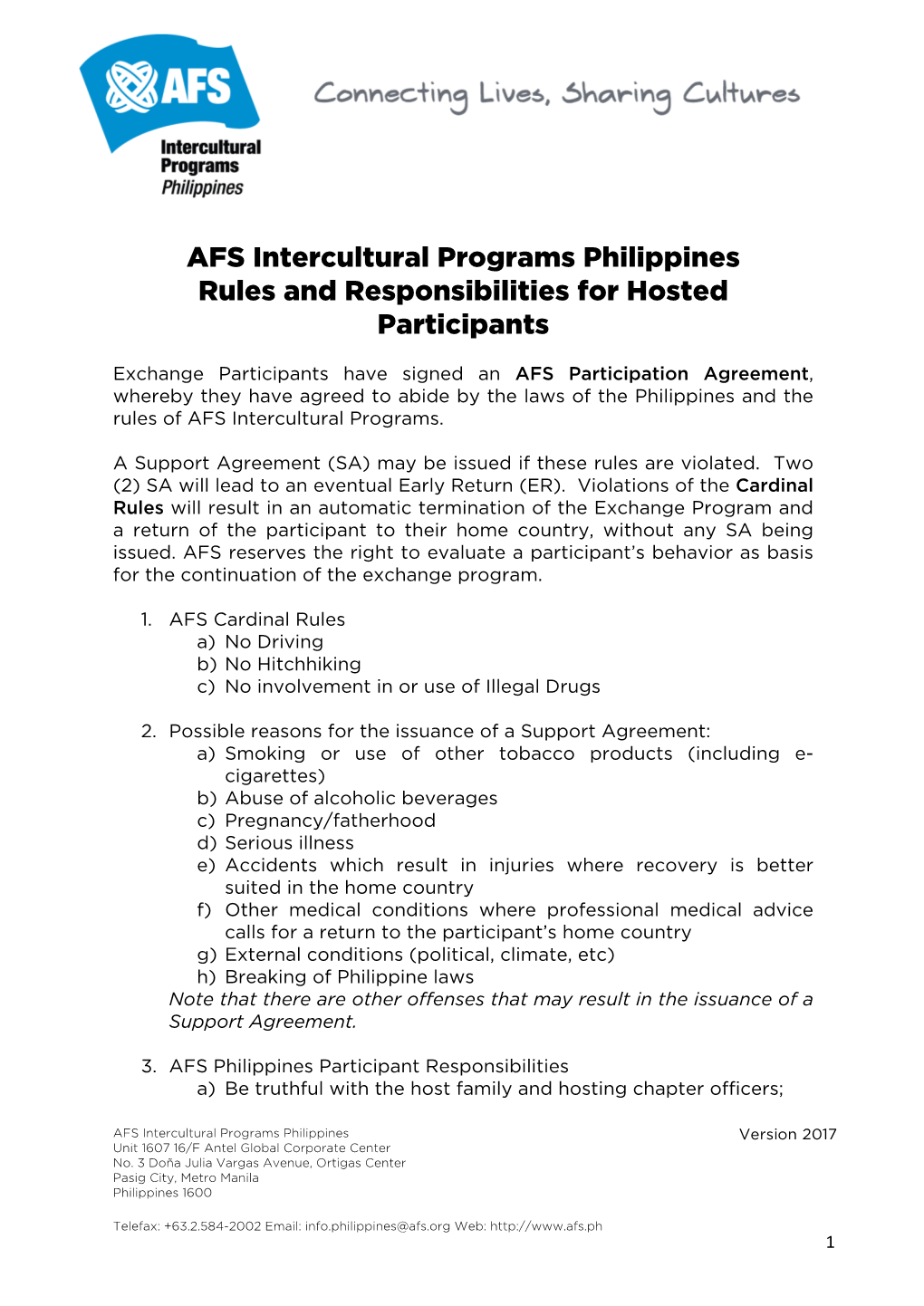 AFS Intercultural Programs Philippines Rules and Responsibilities for Hosted Participants