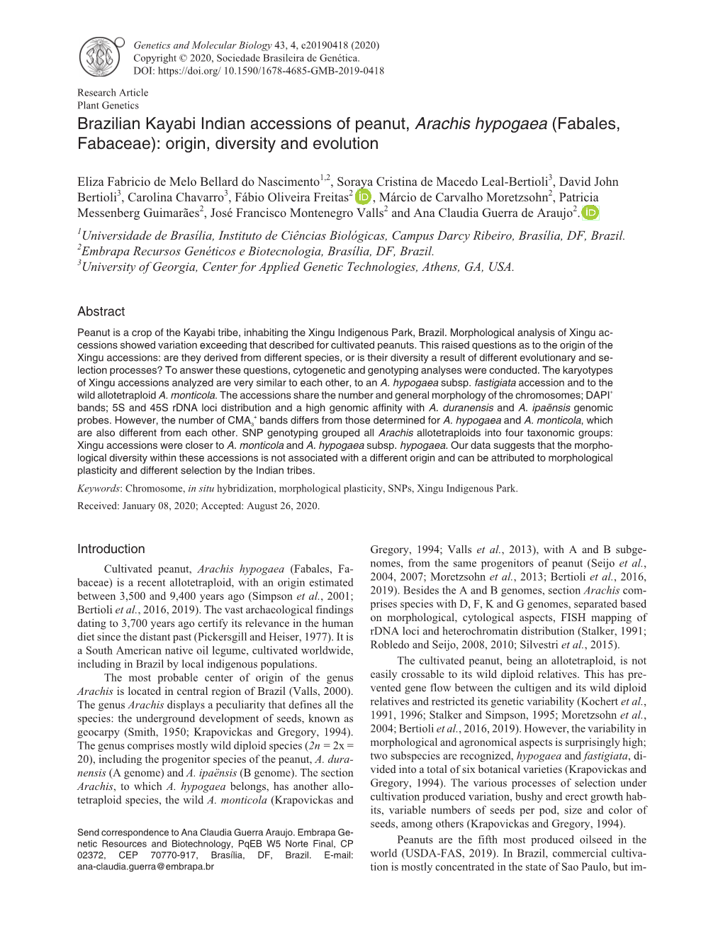 Brazilian Kayabi Indian Accessions of Peanut, Arachis Hypogaea (Fabales, Fabaceae): Origin, Diversity and Evolution