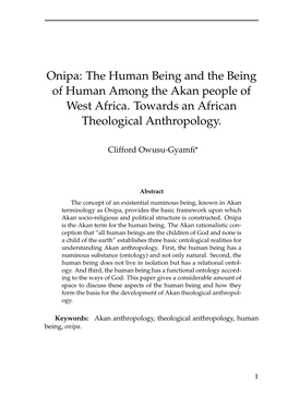 Onipa: the Human Being and the Being of Human Among the Akan People of West Africa