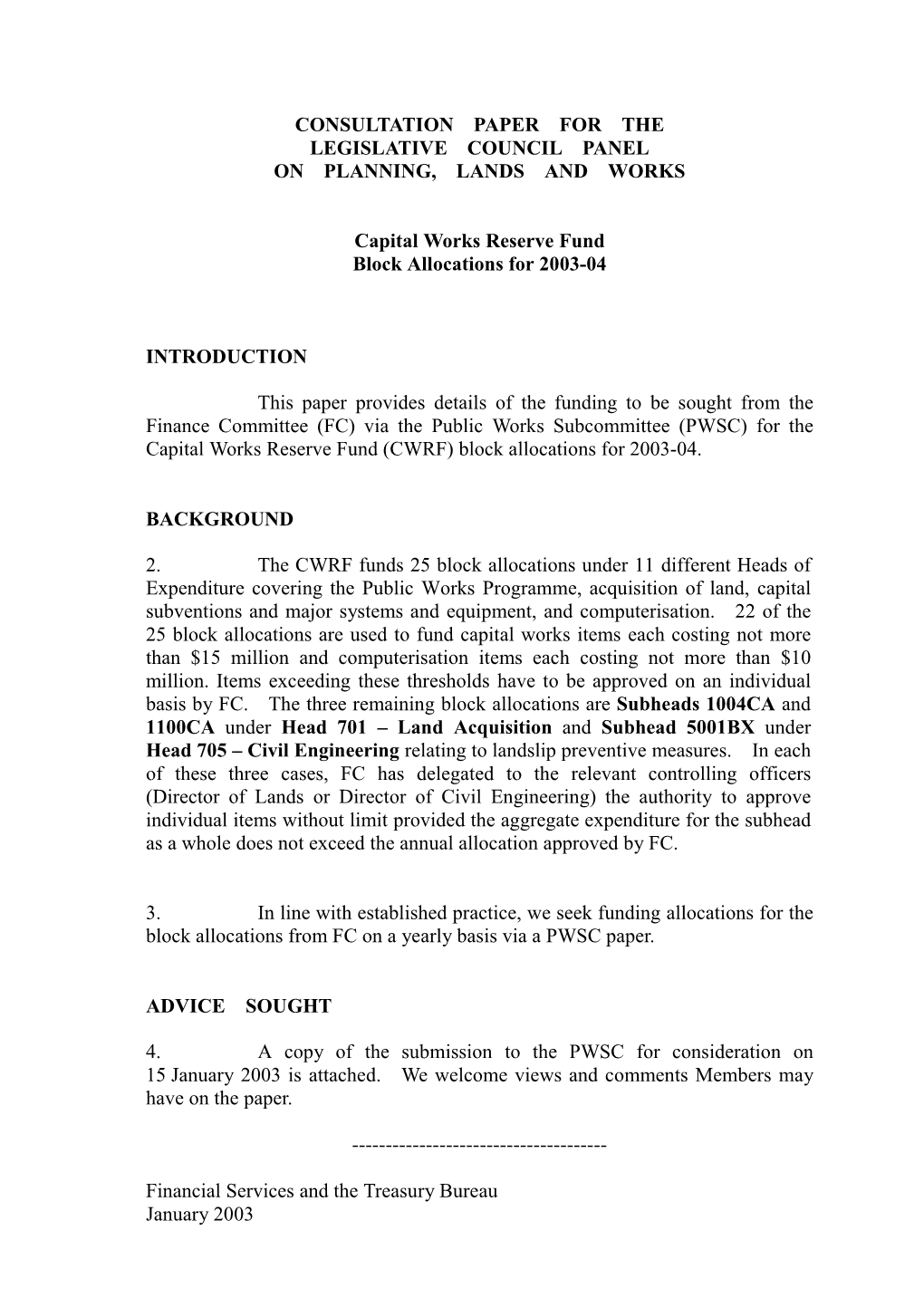 Consultation Paper for the Legislative Council Panel on Planning, Lands and Works