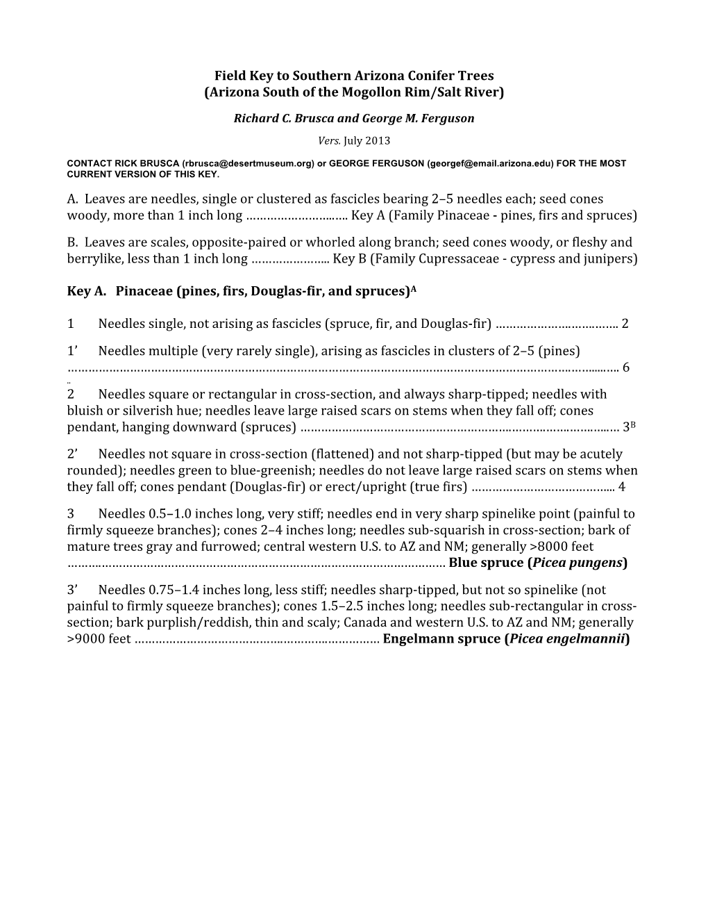 Field Key to Southern Arizona Conifer Trees (Arizona South of the Mogollon Rim/Salt River)