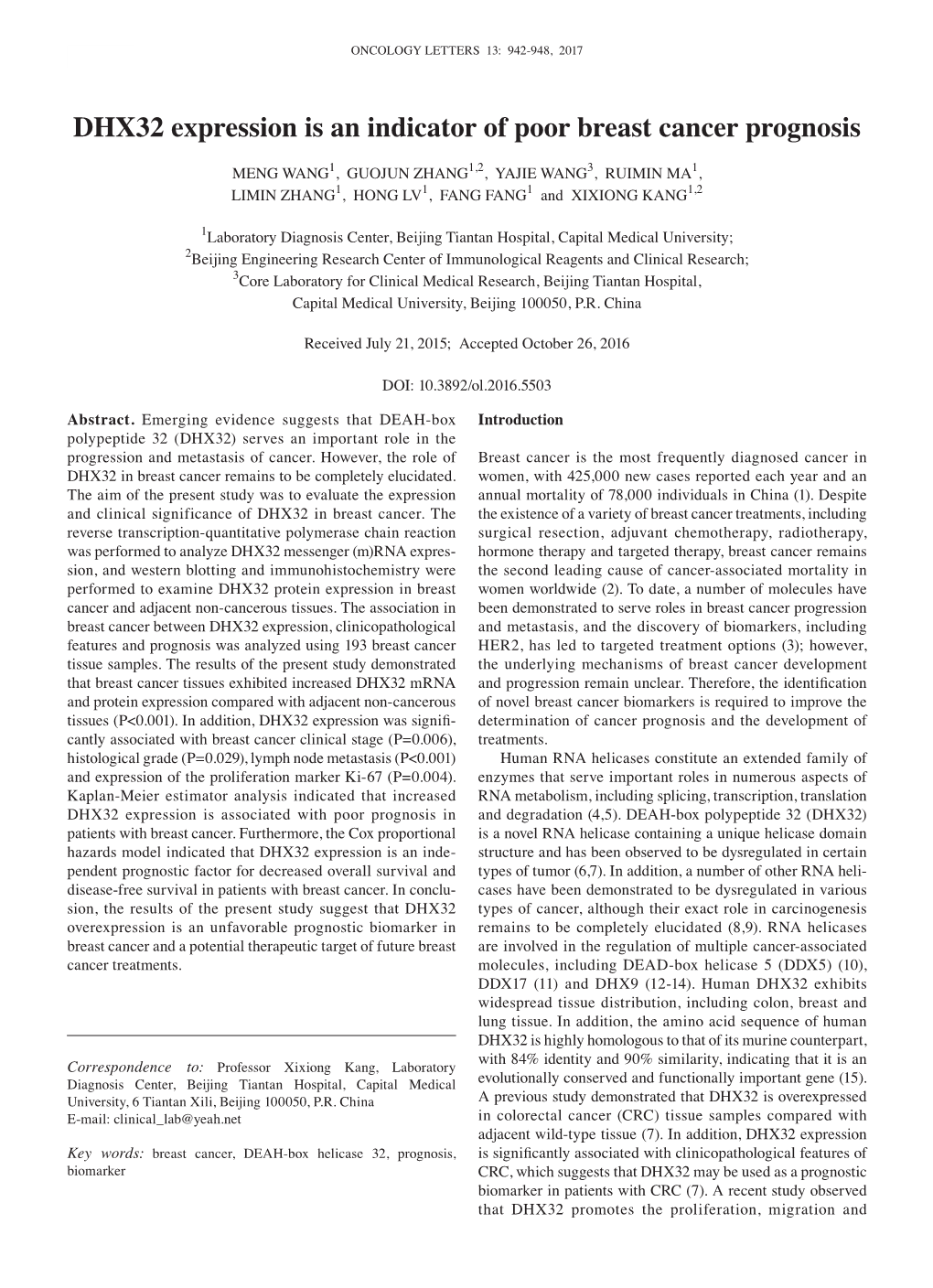 DHX32 Expression Is an Indicator of Poor Breast Cancer Prognosis