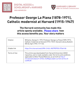 Professor George La Piana (1878-1971), Catholic Modernist at Harvard (1915-1947)