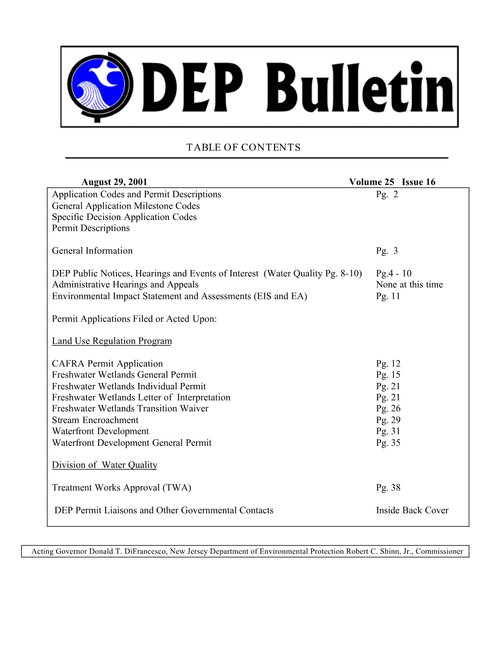 DEP Bulletin, 08/29/01