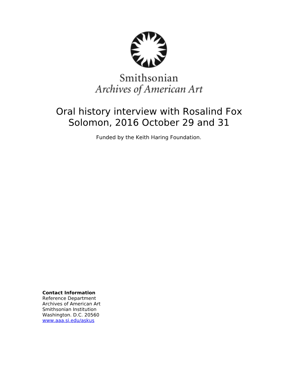 Oral History Interview with Rosalind Fox Solomon, 2016 October 29 and 31