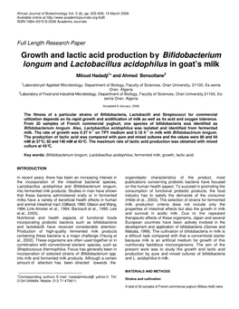 Growth and Lactic Acid Production by Bifidobacterium Longum and Lactobacillus Acidophilus in Goat’S Milk