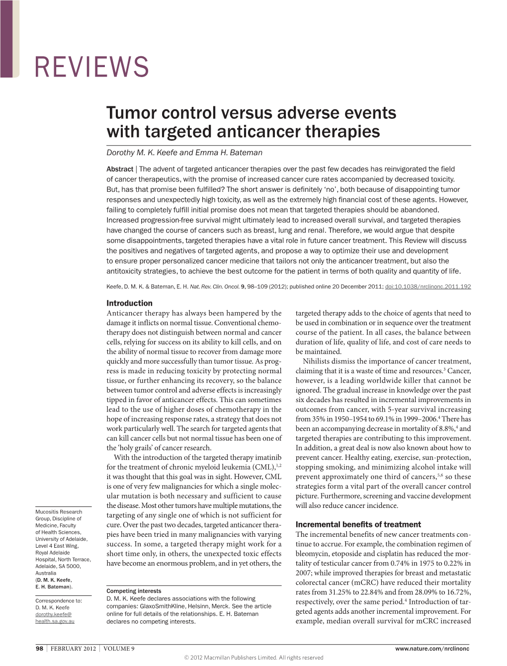 Tumor Control Versus Adverse Events with Targeted Anticancer Therapies Dorothy M