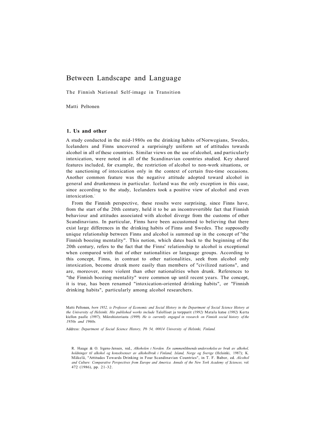 Between Landscape and Language: the Finnish National Self-Image In
