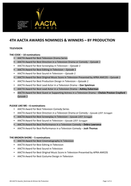 4Th Aacta Awards Nominees & Winners – by Production