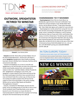 Outwork, Speightster Retired to Winstar