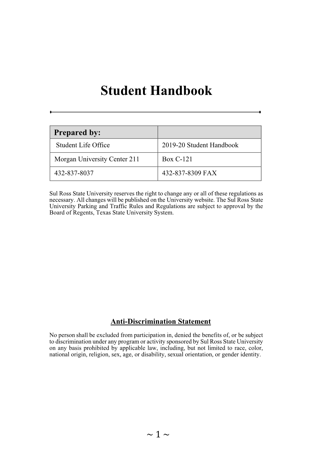 Download Sul Ross Handbook 2019-2020.Pdf