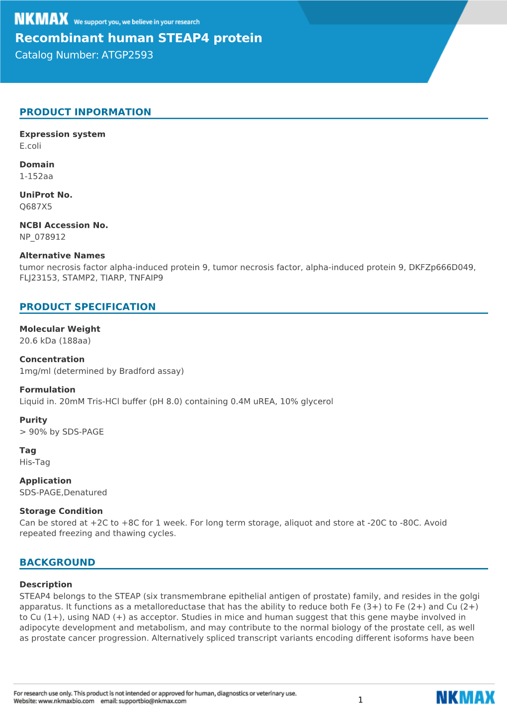 Recombinant Human STEAP4 Protein Catalog Number: ATGP2593