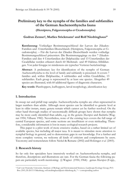 Preliminary Key to the Nymphs of the Families and Subfamilies of the German Auchenorrhyncha Fauna (Hemiptera, Fulgoromorpha Et Cicadomorpha)