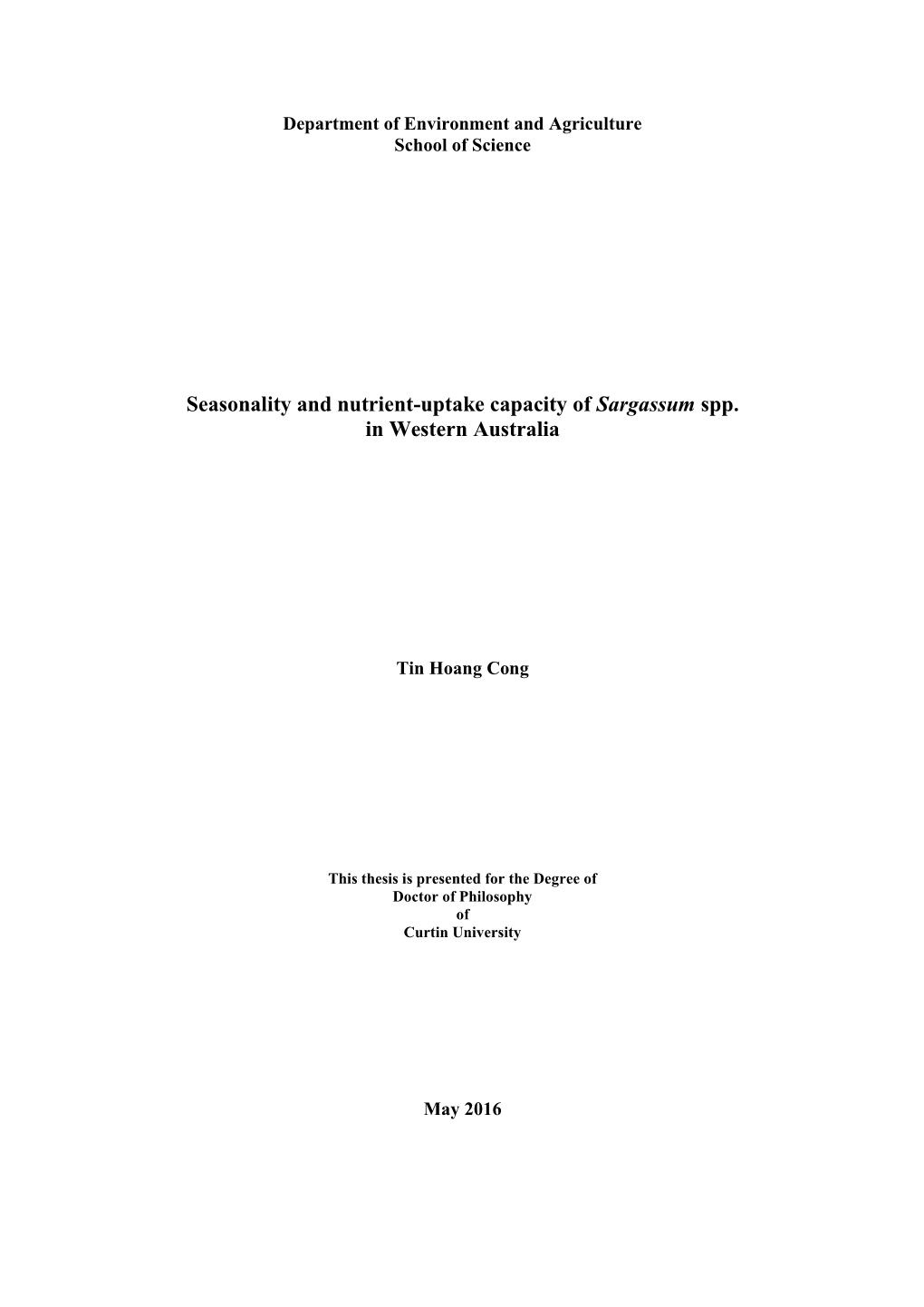 Seasonality and Nutrient-Uptake Capacity of Sargassum Spp. in Western Australia