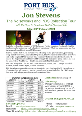 Jon Stevens the Noiseworks and INXS Collection Tour with Port Bus to Laurieton United Services Club Friday 27Th February 2021
